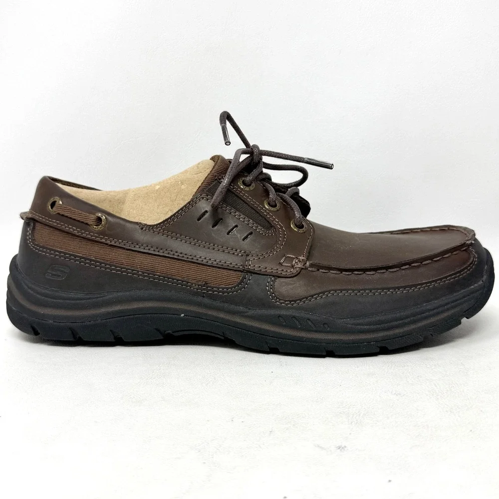 Skechers Expected Gemble Mens 9 Dark Brown Leather Boat Deck Shoes 64114 Office